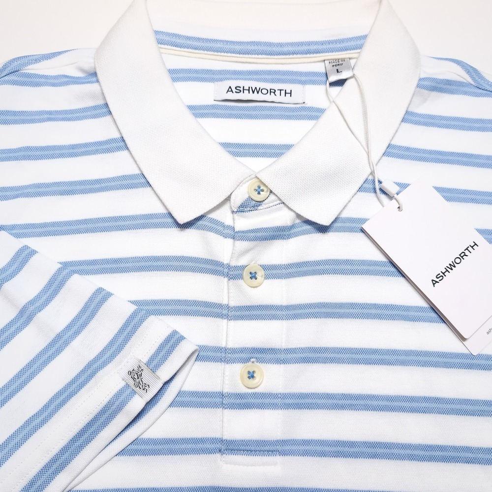 ASHWORTH Polo Shirt Mens L Blue White NWT Striped Pima Cotton Golf Top